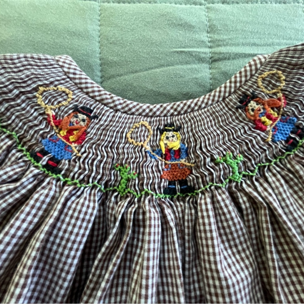 Silly Goose Smocked Cowgirls Brown White Gingham Plaid Dress Size 12 Months - Picture 8 of 16